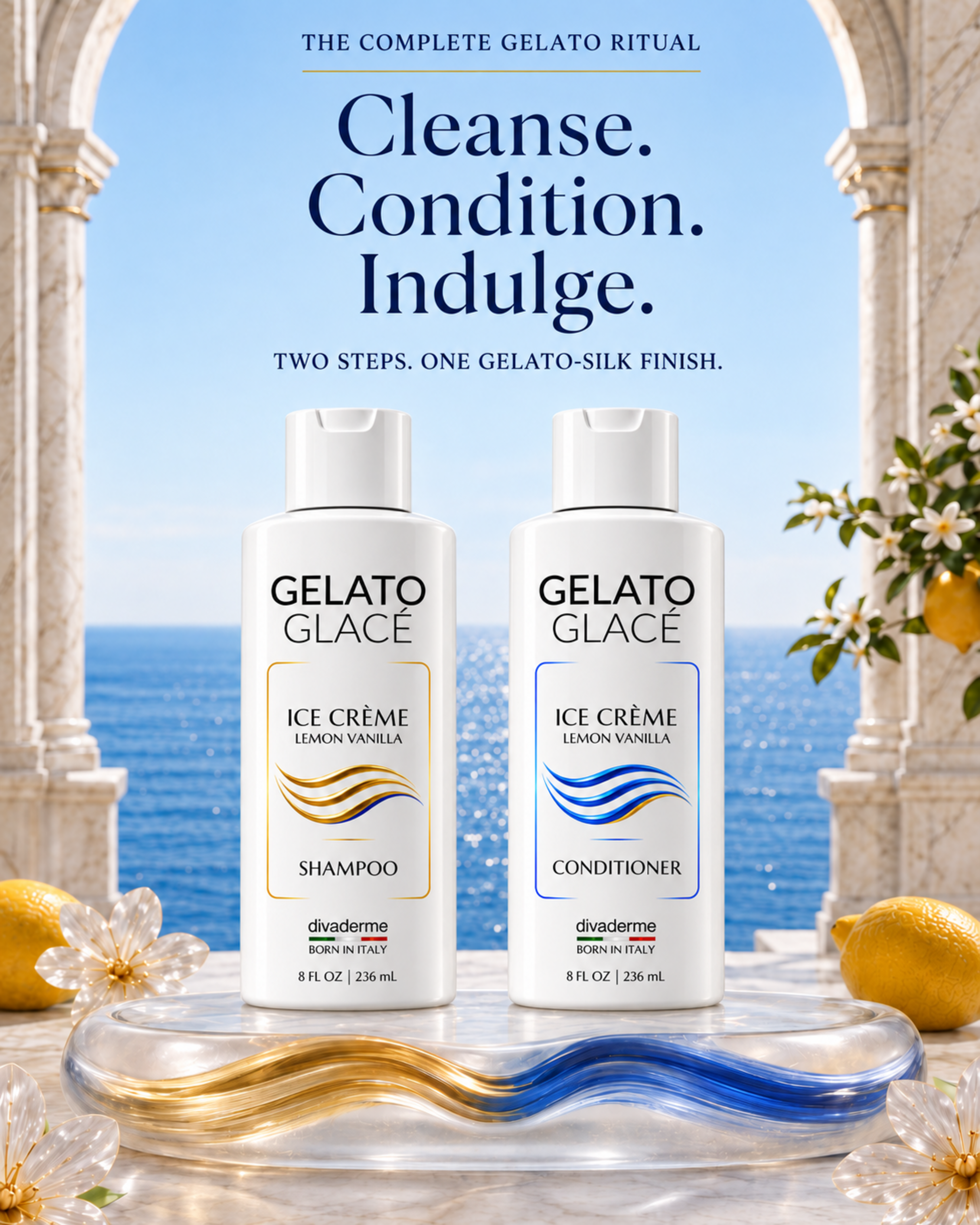 Matching Gelato Glacé Shampoo and Conditioner bottles in the Cleanse. Condition. Indulge. Duo campaign.