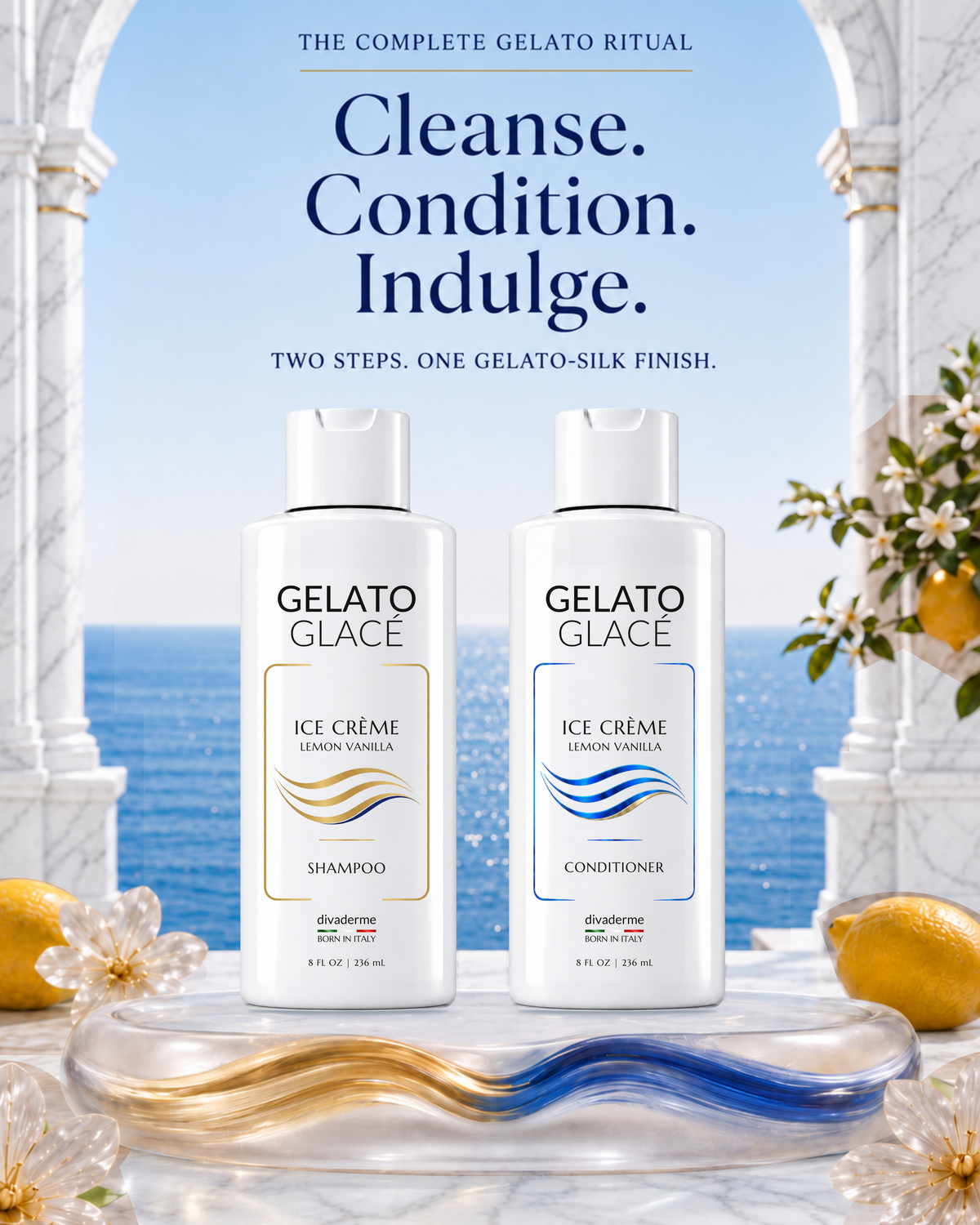 Gelato Glacé Hair Ritual Duo on a blue glass pedestal and white Carrara marble by the sea.
