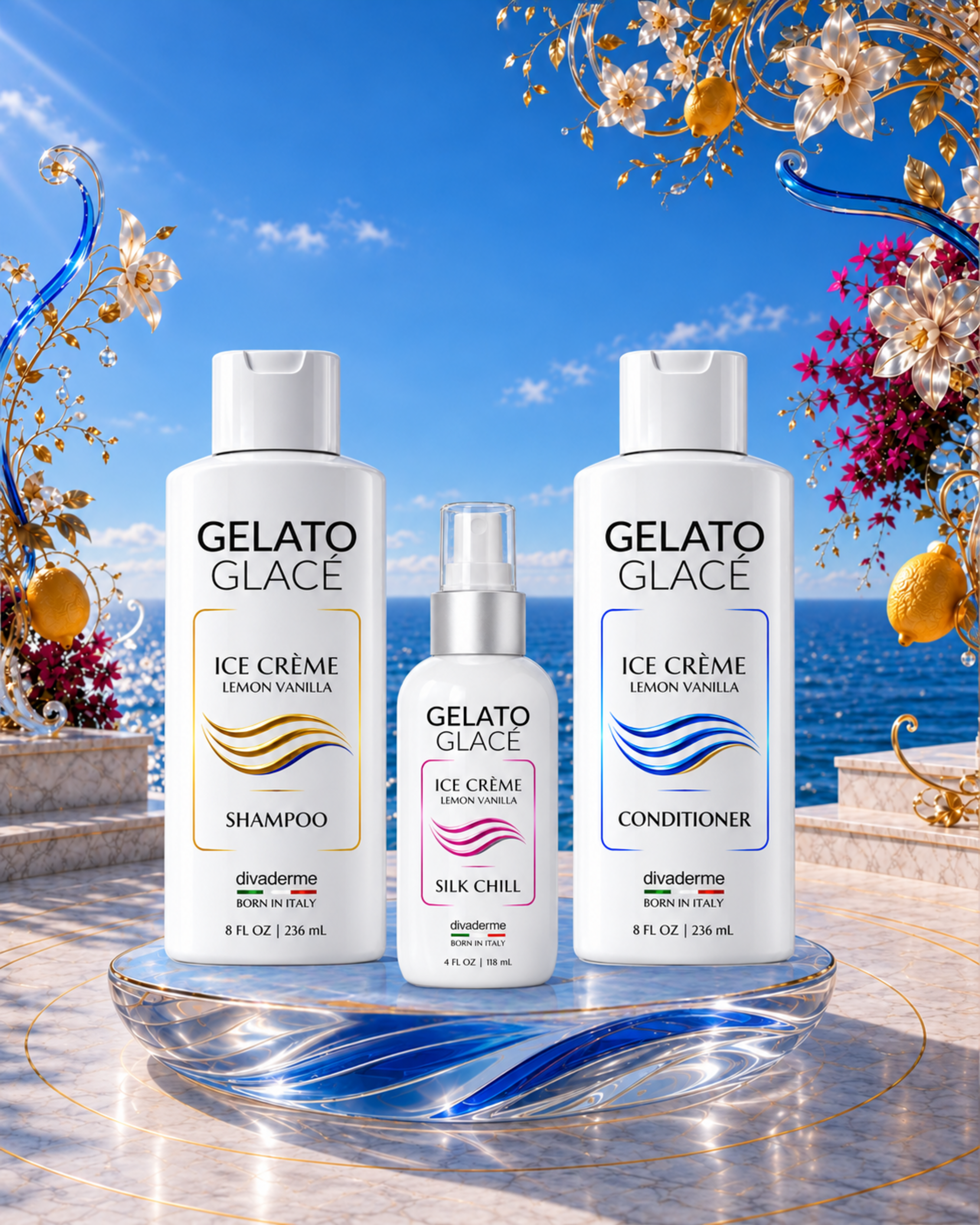 Divaderme Gelato Glacé Hair Ritual with matching gold shampoo, blue conditioner and rose Silk Chill bottles on an ocean terrace.