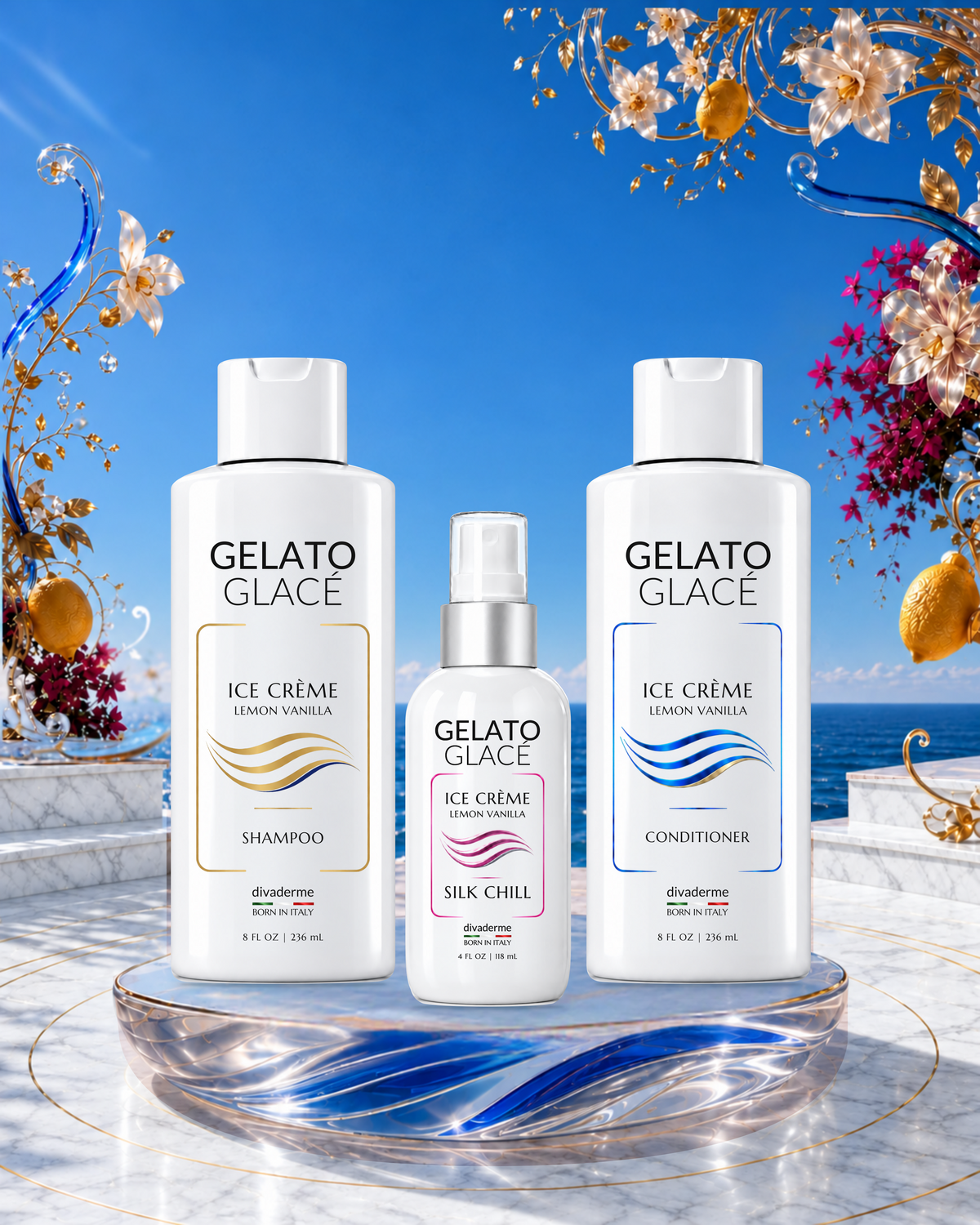 Gelato Glacé Hair Ritual — shampoo, conditioner and Silk Chill on a blue glass pedestal and white Carrara marble by the sea.