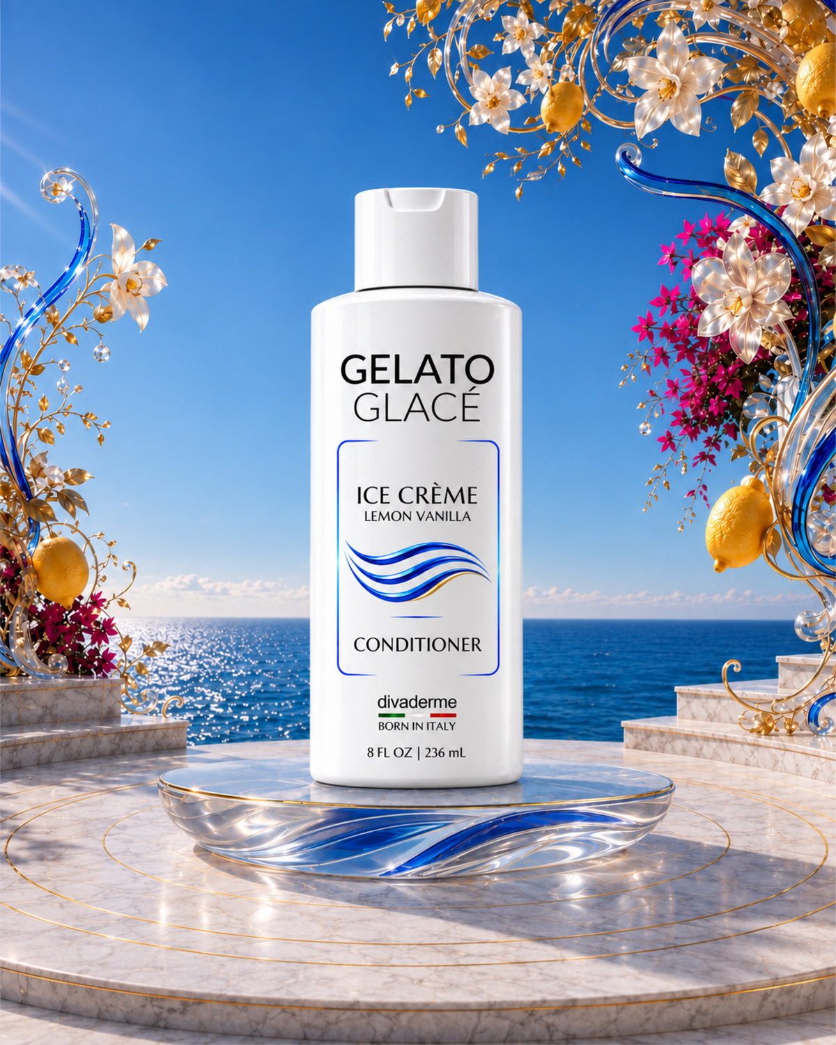 Blue-label Gelato Glacé Conditioner displayed on a glass pedestal overlooking the ocean.