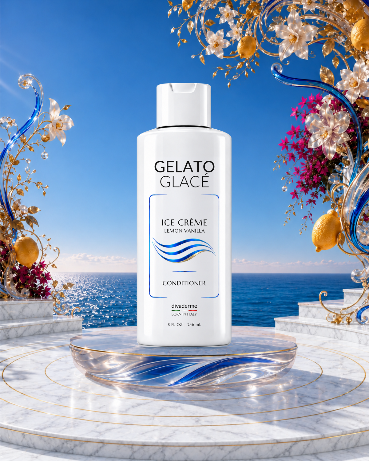 Gelato Glacé Ice Crème Lemon Vanilla Conditioner on a blue glass pedestal and white Carrara marble by the sea.