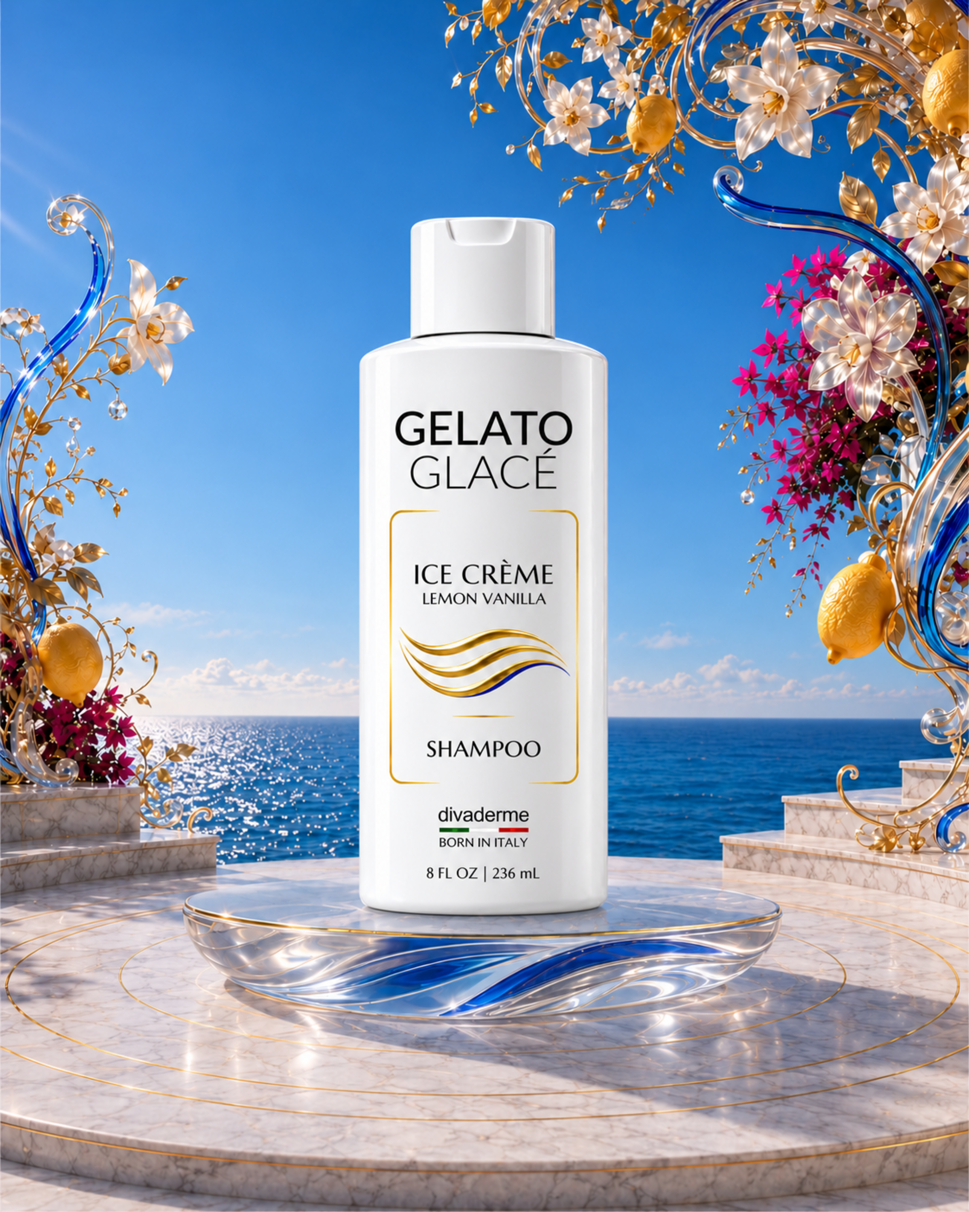 Gold-label Gelato Glacé Shampoo displayed on a glass pedestal overlooking the ocean.