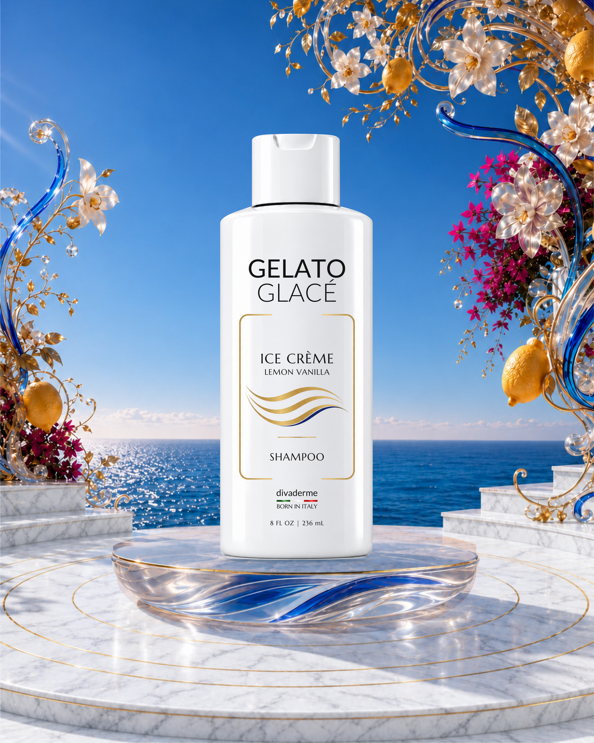 Gelato Glacé Ice Crème Lemon Vanilla Shampoo on a blue glass pedestal and white Carrara marble by the sea.