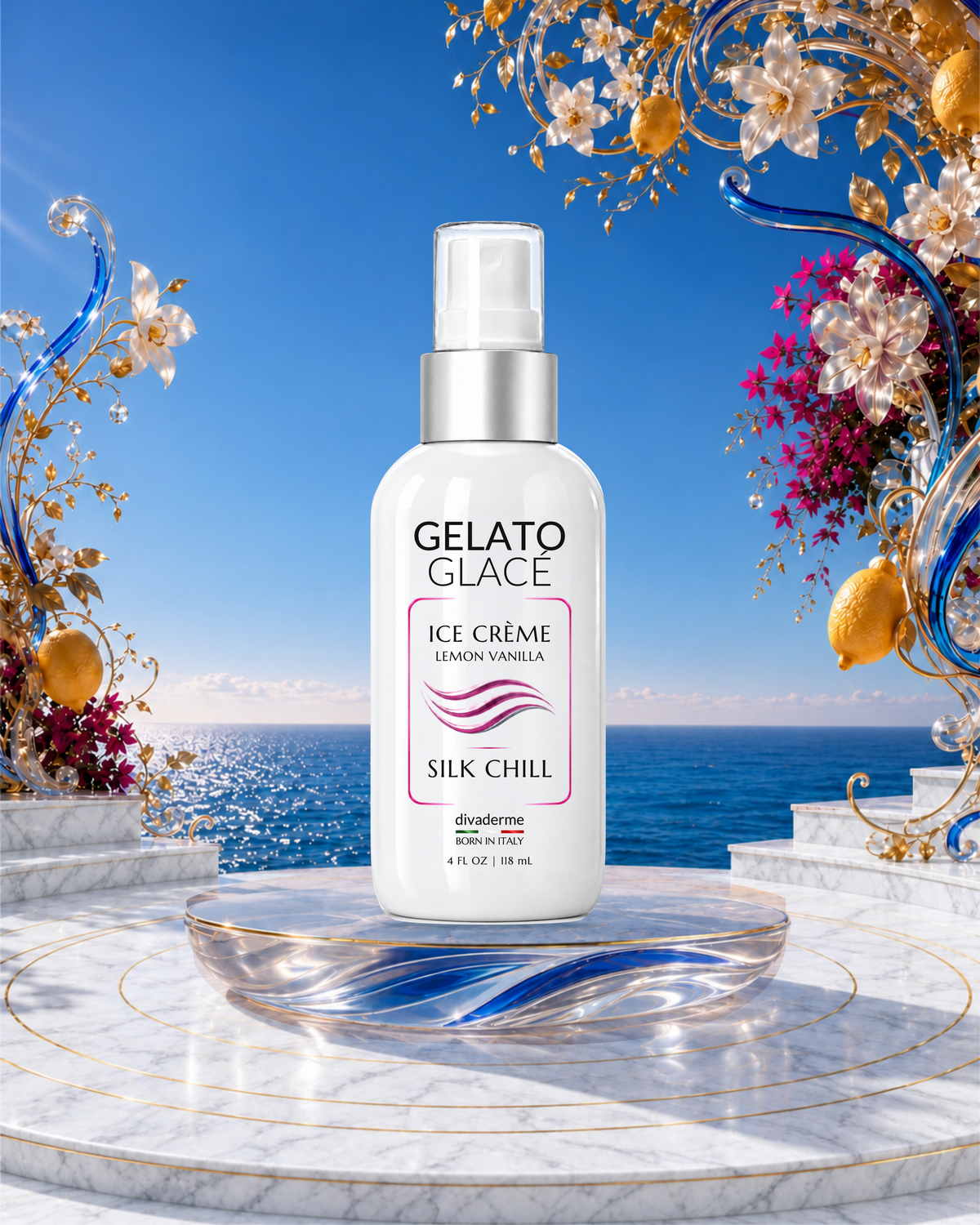 Gelato Glacé Silk Chill on a blue glass pedestal and white Carrara marble by the sea.