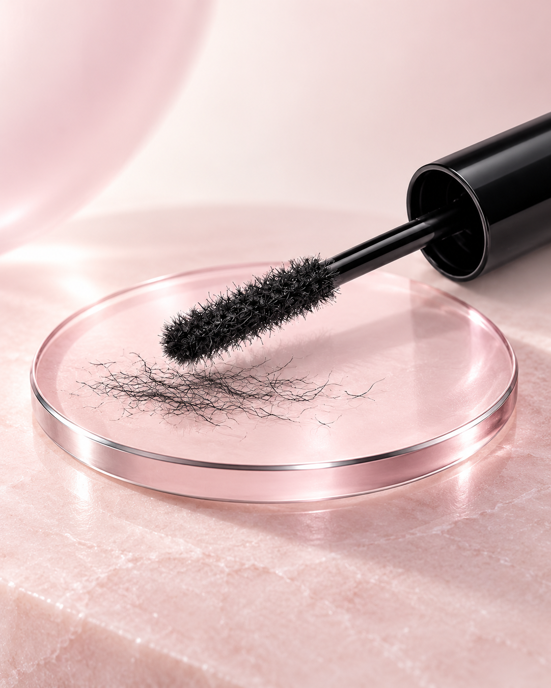 Lash fiber applicator on pearl-pink optical glass with fine dry fibers.