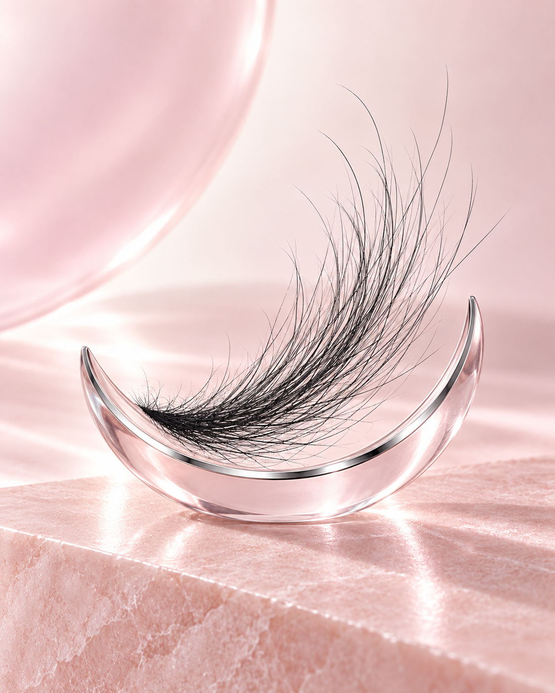 Artistic interpretation of fine lash fibers in a blush glass crescent with a silver edge.