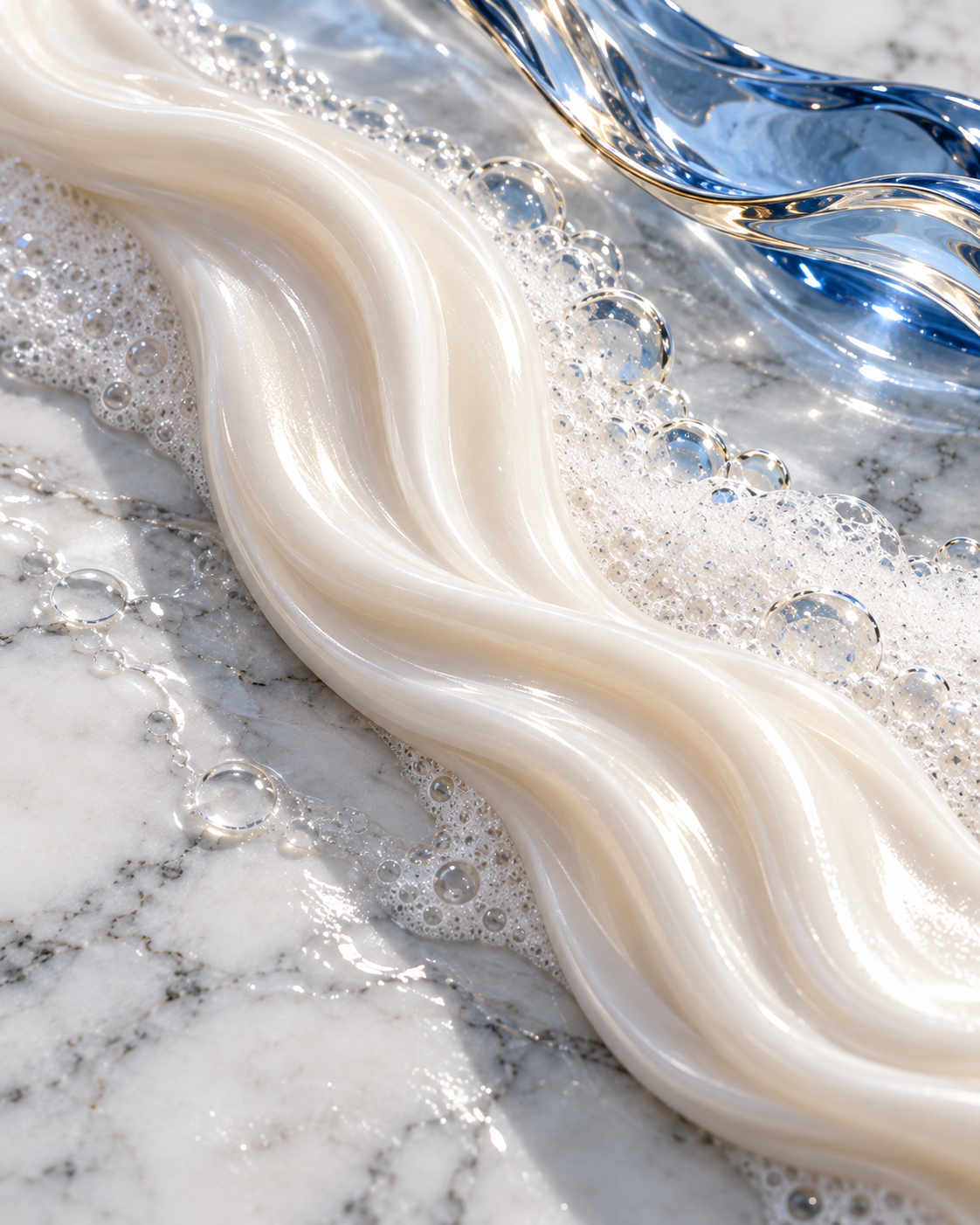 Creamy lather and clear glass on marble, inspired by the cooling-to-silk ritual.