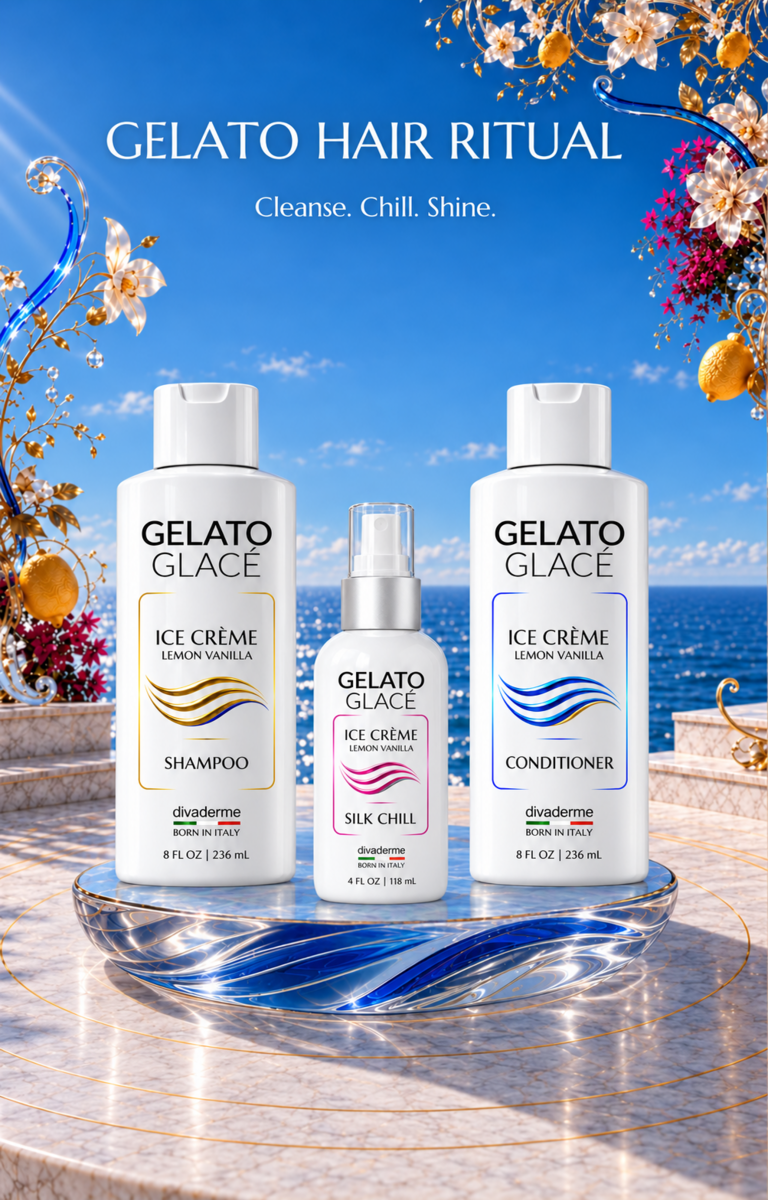 Gelato Hair Ritual: gold shampoo, rose Silk Chill and blue conditioner bottles overlooking the Italian coast.
