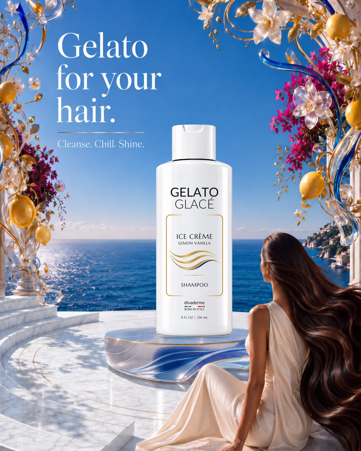 Gelato Glacé Ice Crème Lemon Vanilla Shampoo on a seaside terrace with a woman with long flowing hair.