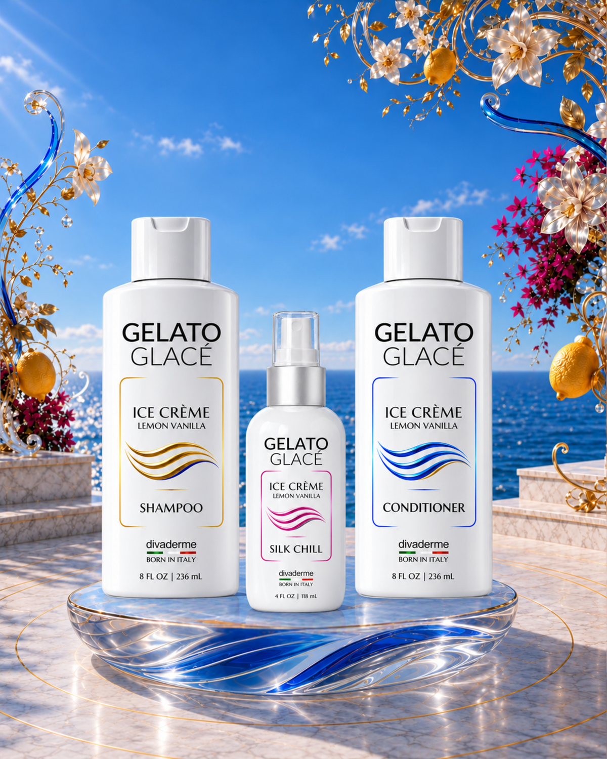 Divaderme Gelato Glacé Hair Ritual with matching gold shampoo, blue conditioner and rose Silk Chill bottles on an ocean terrace.