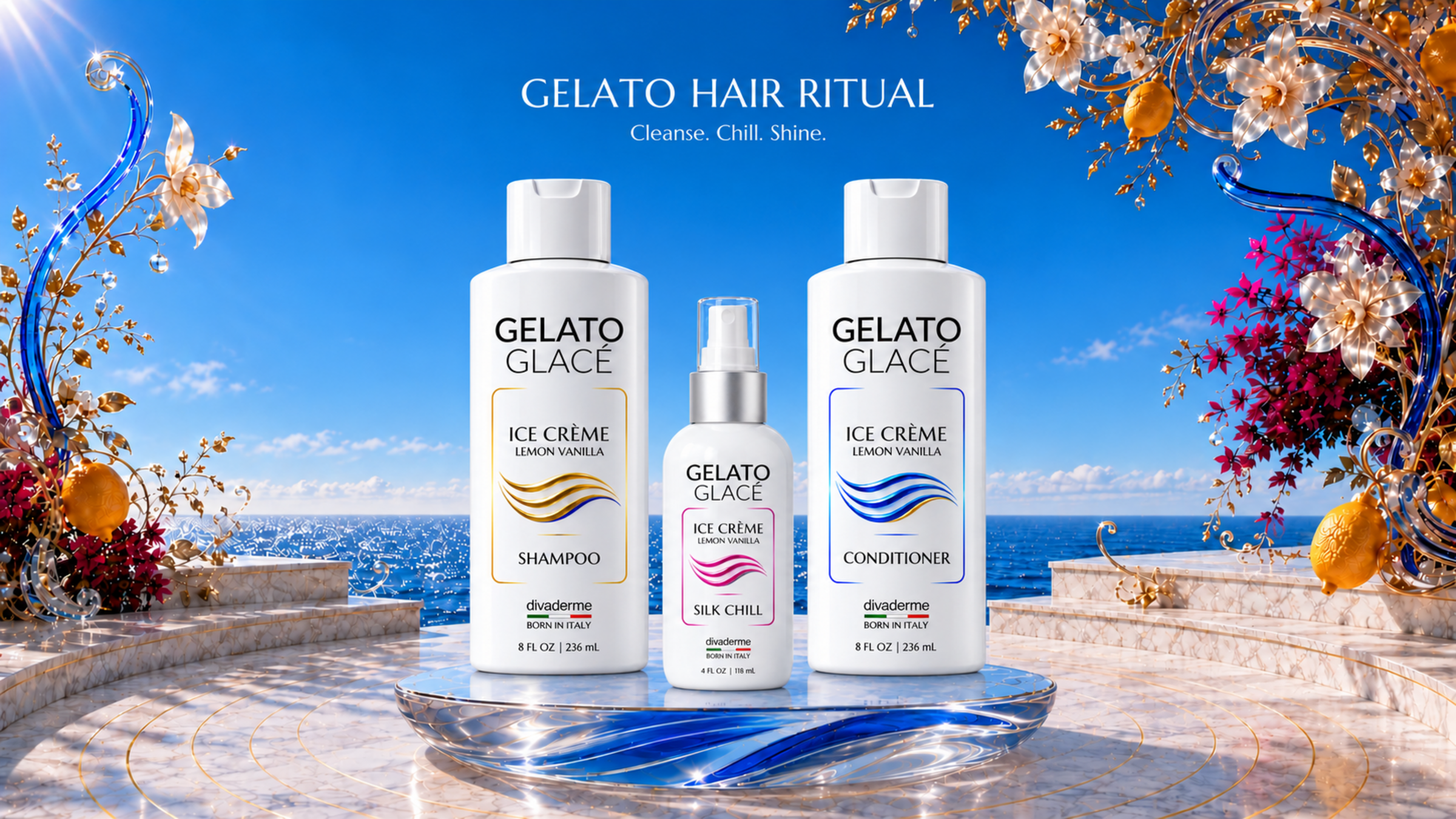 Gelato Hair Ritual: matching gold shampoo and blue conditioner with rose Silk Chill on a glass pedestal above the Italian coast.