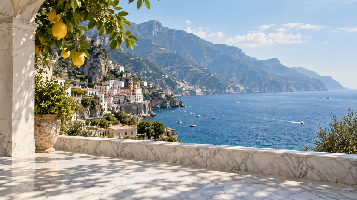 Italian-inspired marble terrace overlooking the Mediterranean, framed by lemon trees.