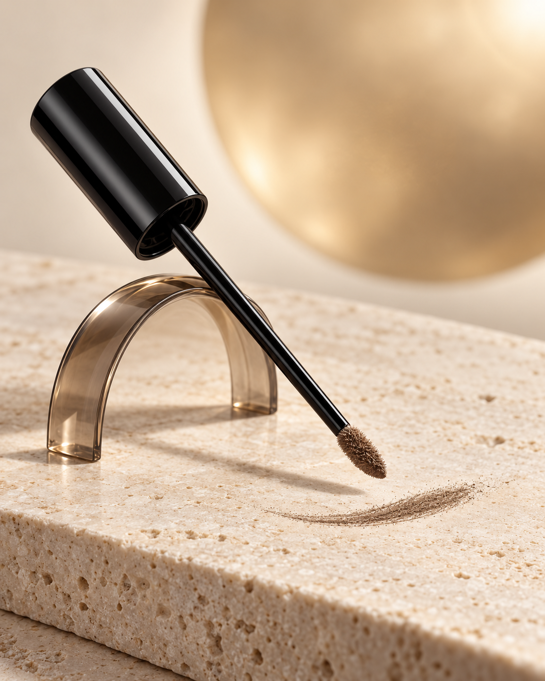 Editorial close-up of a doe-foot applicator with fine brown fibers on ivory stone.