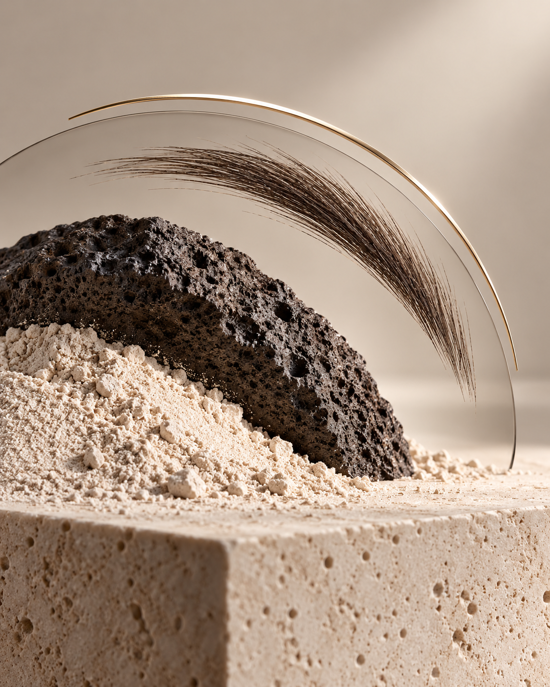 Editorial arrangement of volcanic stone, mineral powder and fine brow-like fibers beneath a champagne-gold arc.