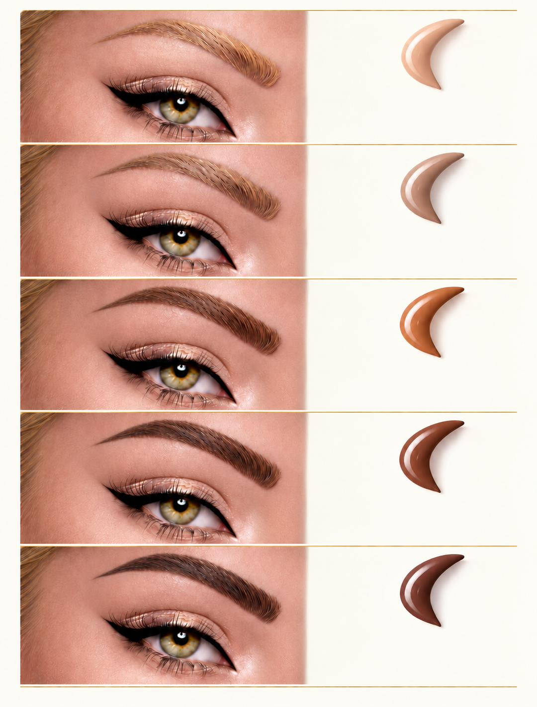 Five close-up eye and brow shade illustrations, from Light Blonde to Espresso Brown.