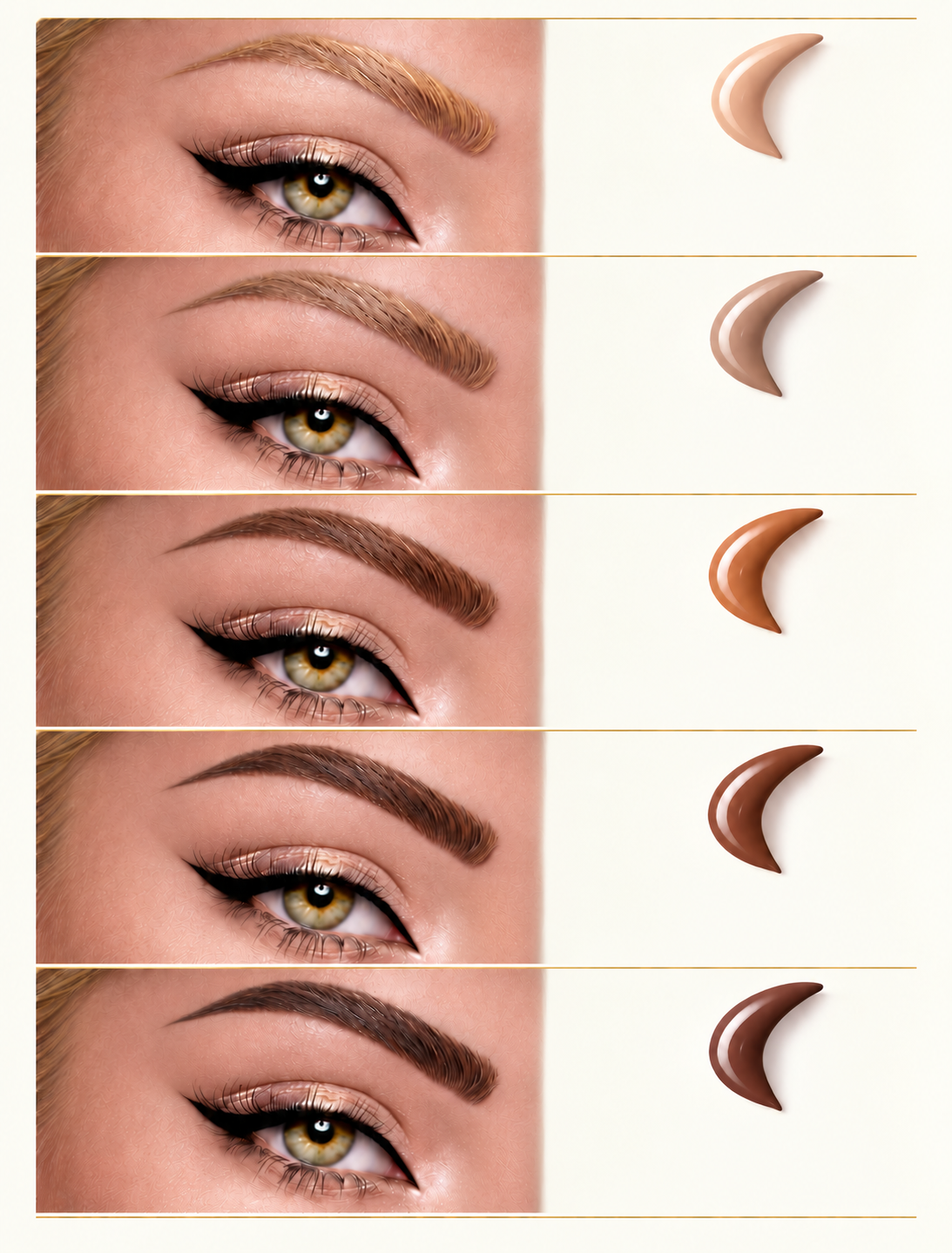 Illustrated brow shade guide: Light Blonde, Ash Blonde, Cappuccino Brown, Chocolate Brown and Espresso Brown.