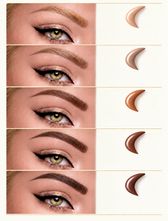 Five close-up eye and brow shade illustrations, from Light Blonde to Espresso Brown.