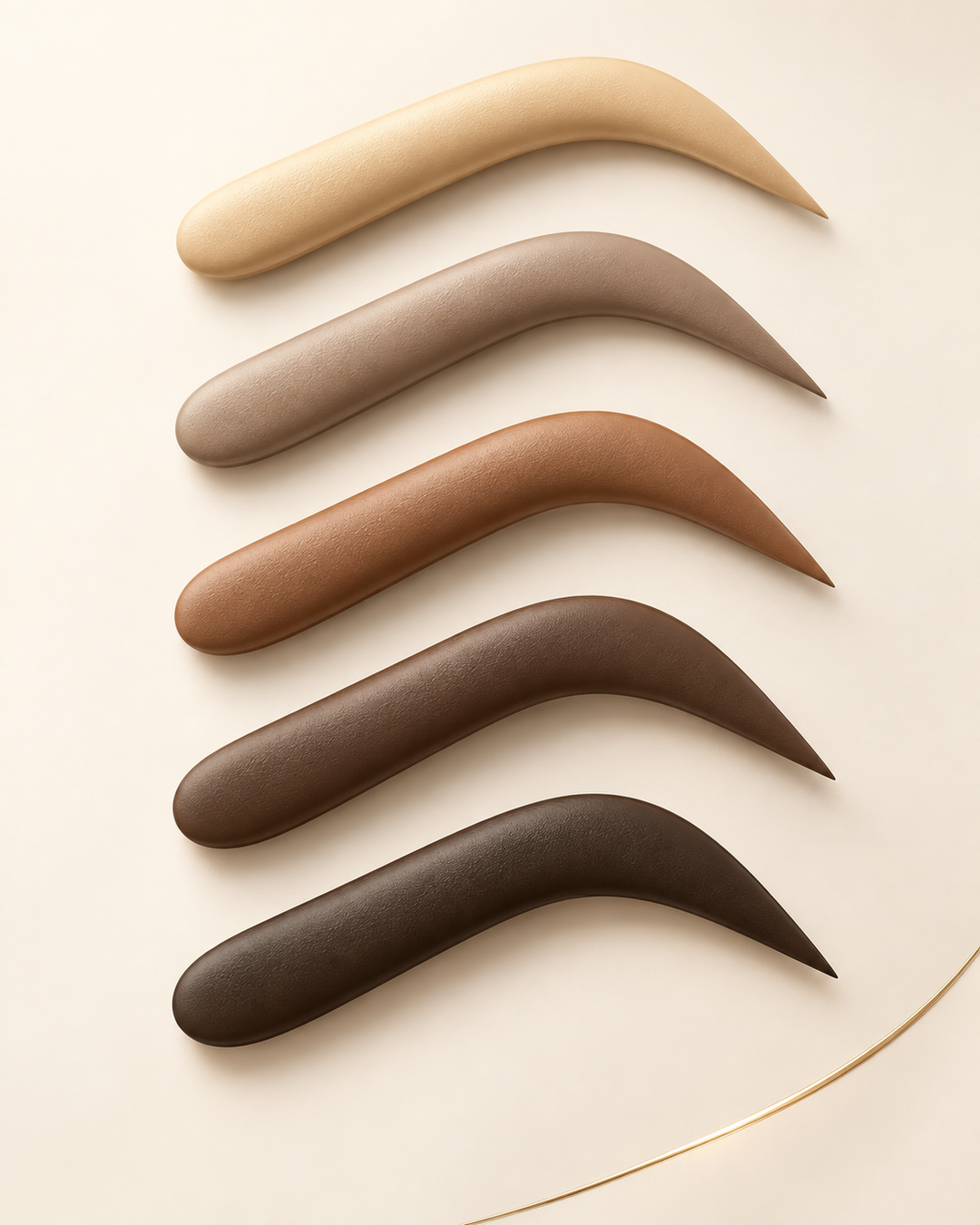 Five abstract satin pigment arches inspired by the Brow Extender II shade range.