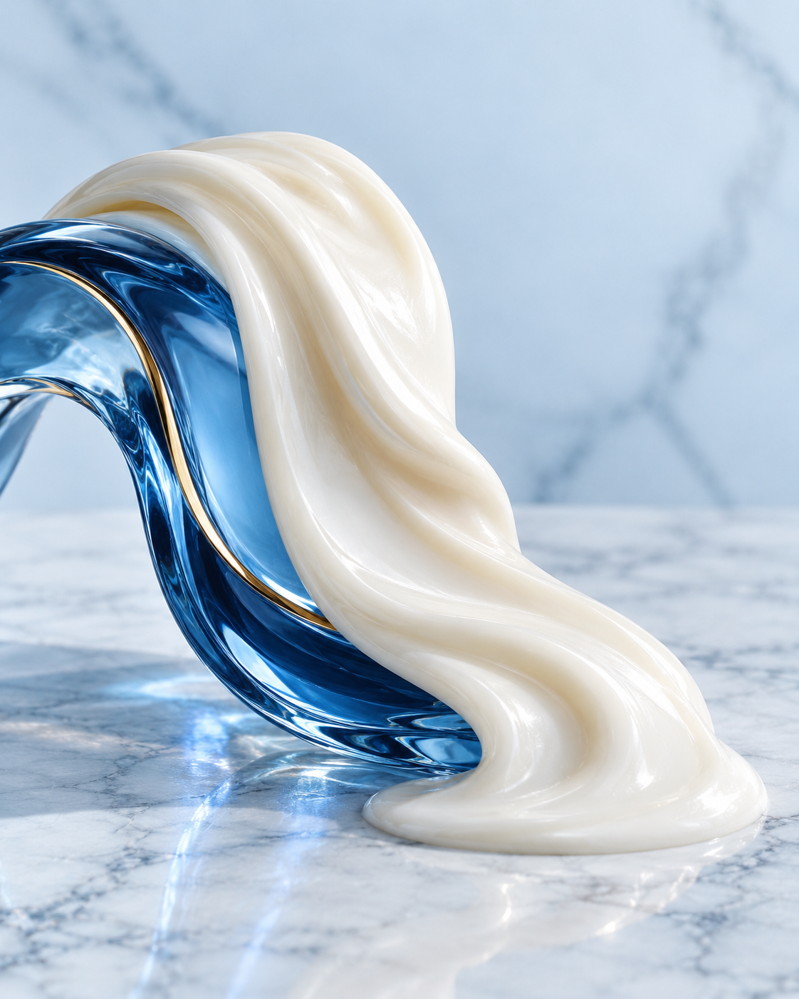 Silky ivory cream and sculptural blue glass, inspired by the melting conditioning ritual.