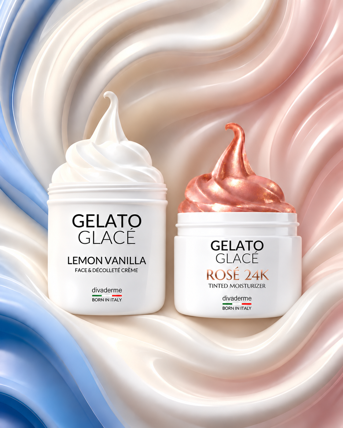 Divaderme Gelato Glacé Lemon Vanilla and Rosé 24K jars with a small space between them against flowing ivory, blush and blue cream.