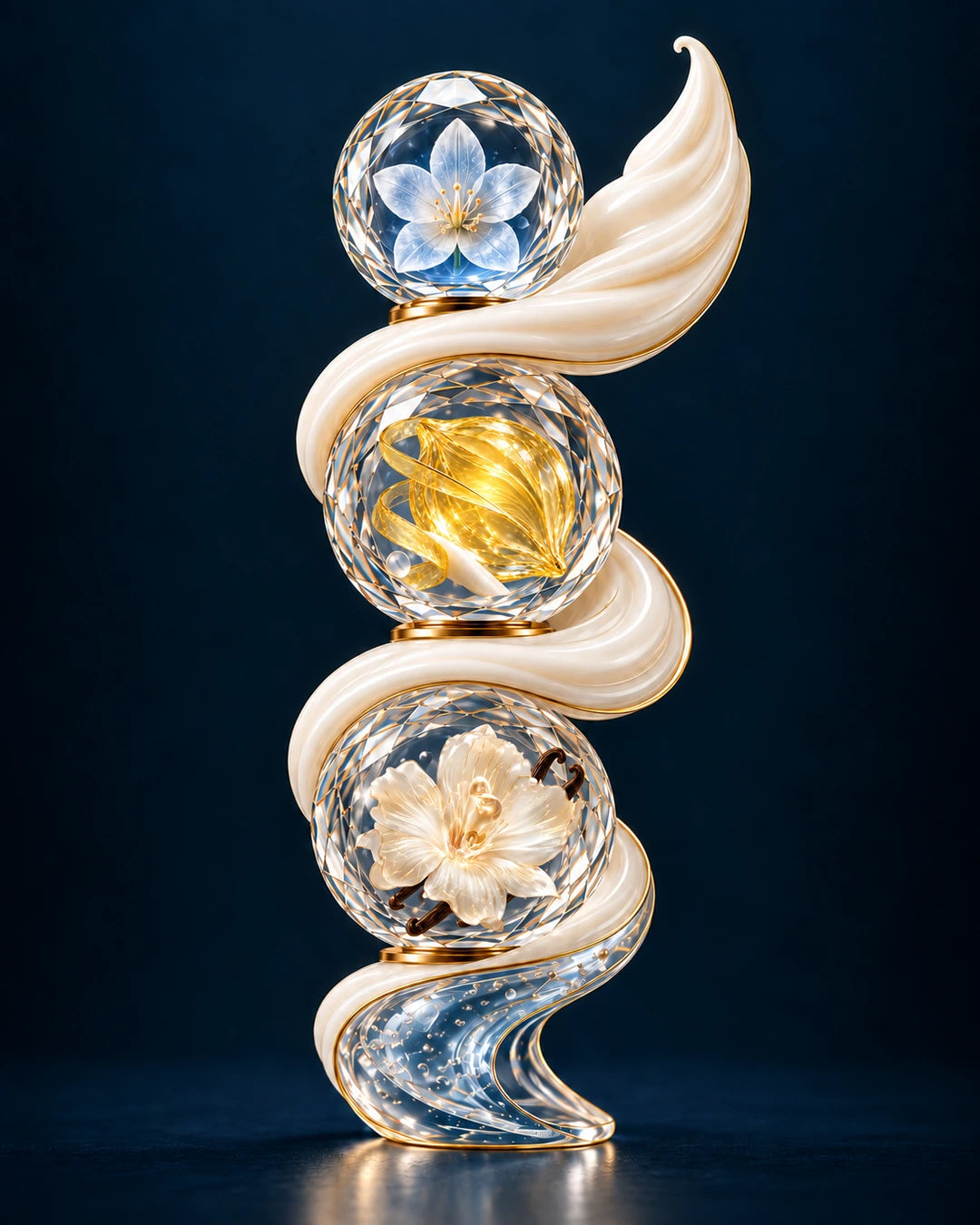 Artistic crystal and cream sculpture with an ice bloom, abstract citrus crystal and a pearl flower.
