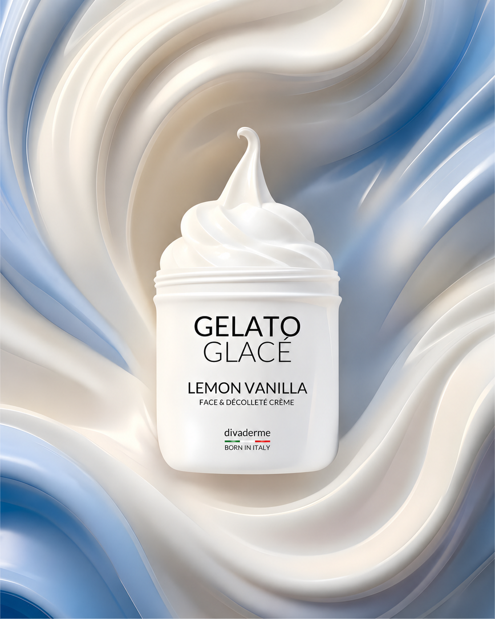 Gelato Glacé Lemon Vanilla face and décolleté cream with softly illuminated ivory and sapphire folds.