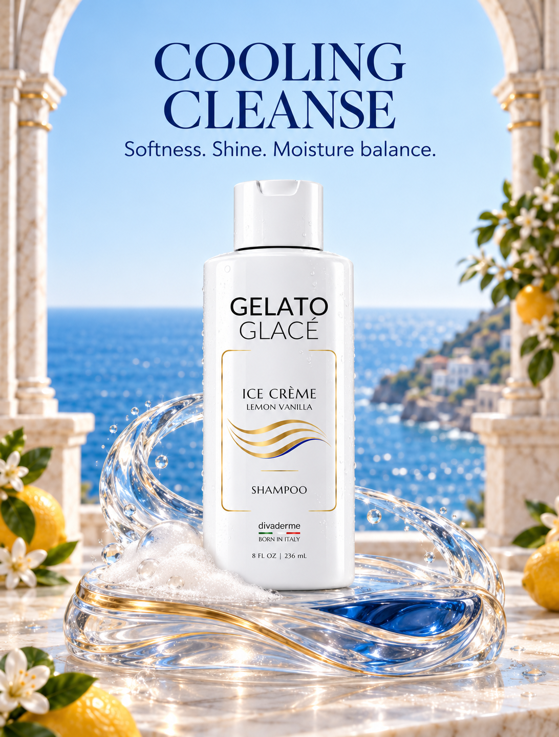 Cooling Cleanse. Softness. Shine. Moisture balance. Gelato Glacé Shampoo on sapphire glass by the Italian coast.
