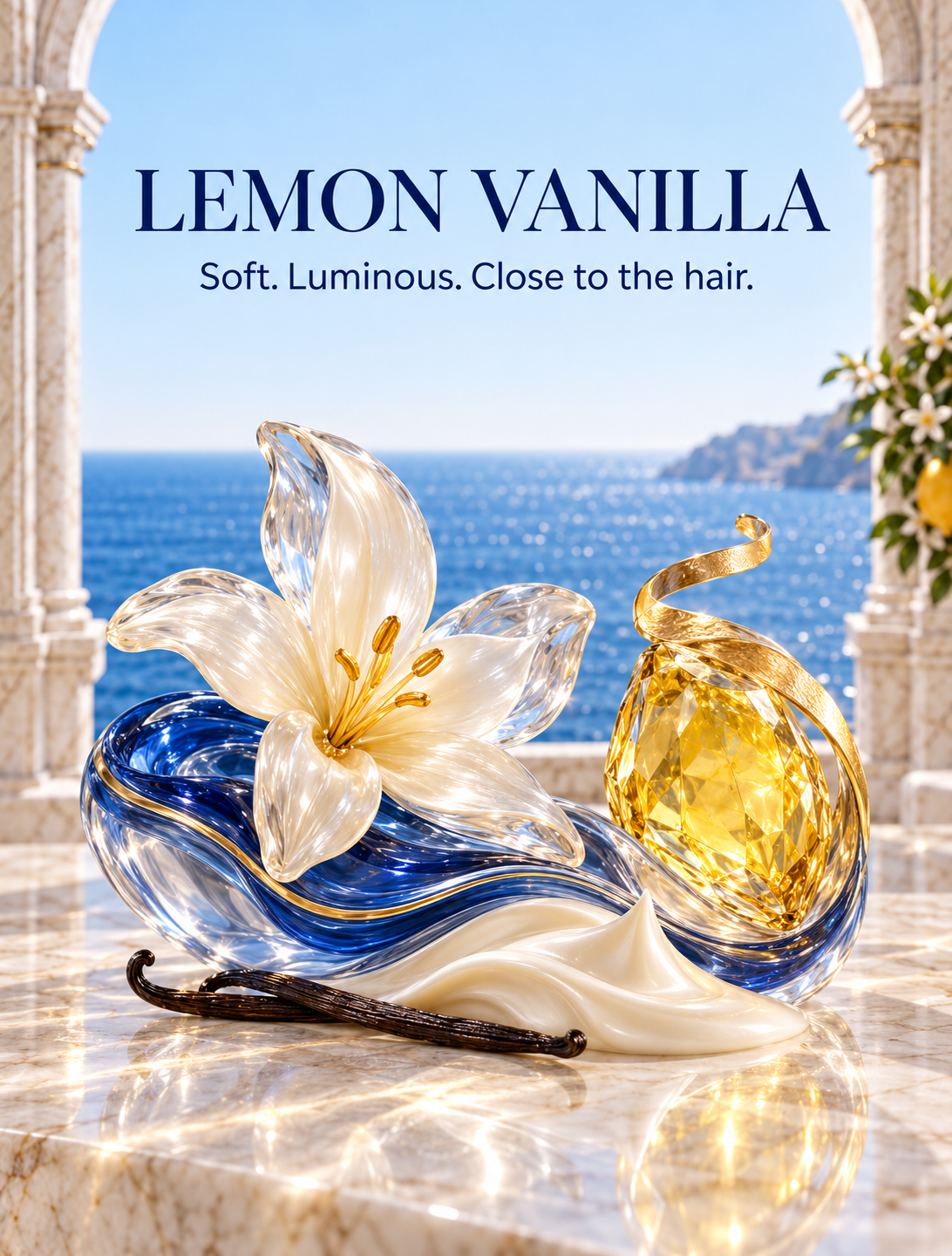 Lemon Vanilla. Soft. Luminous. Close to the hair. Sculptural vanilla flower and golden lemon with sapphire glass.
