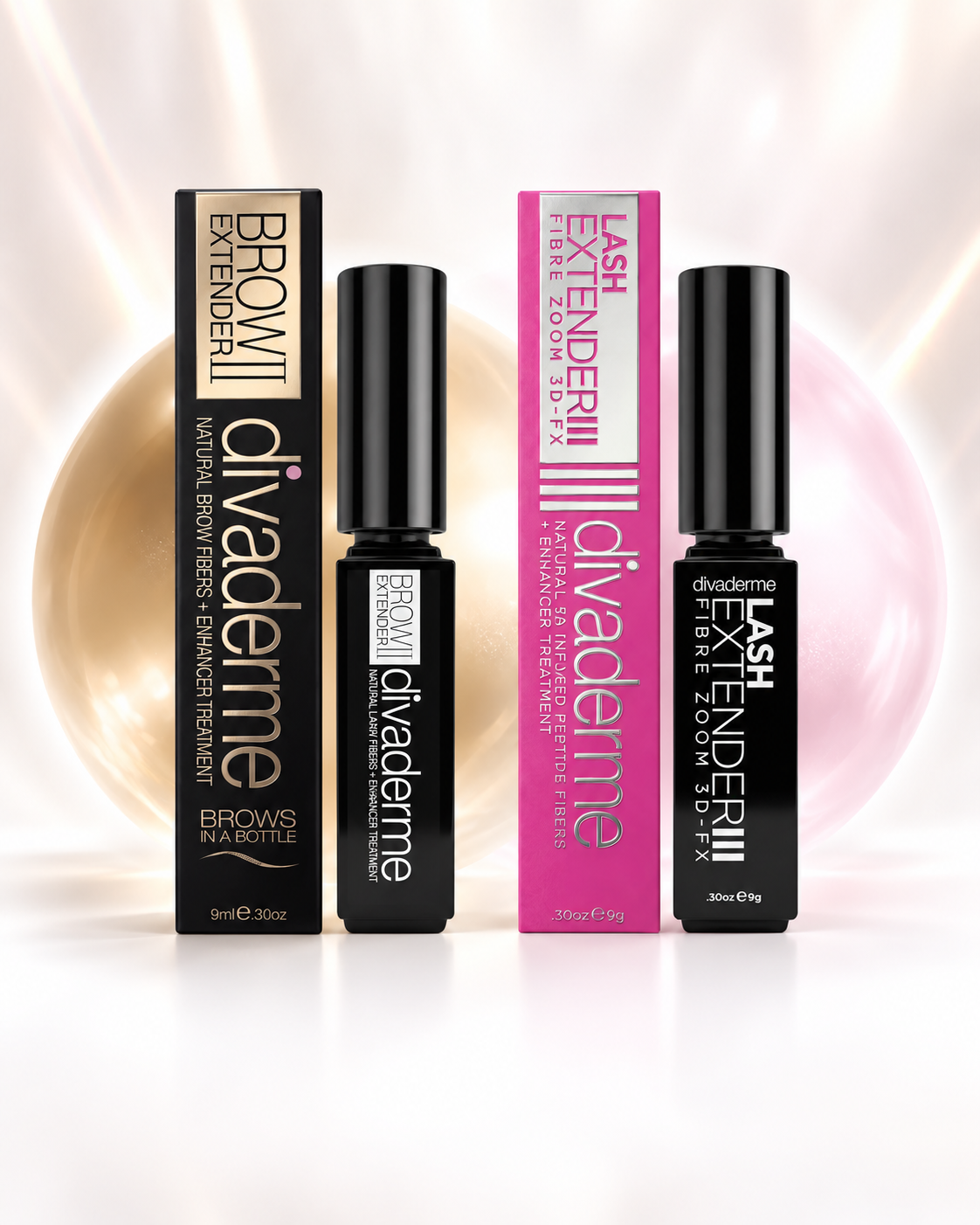 Divaderme Lash Extender III and Brow Extender II kit with gold and pink pearls in soft champagne and blush light.