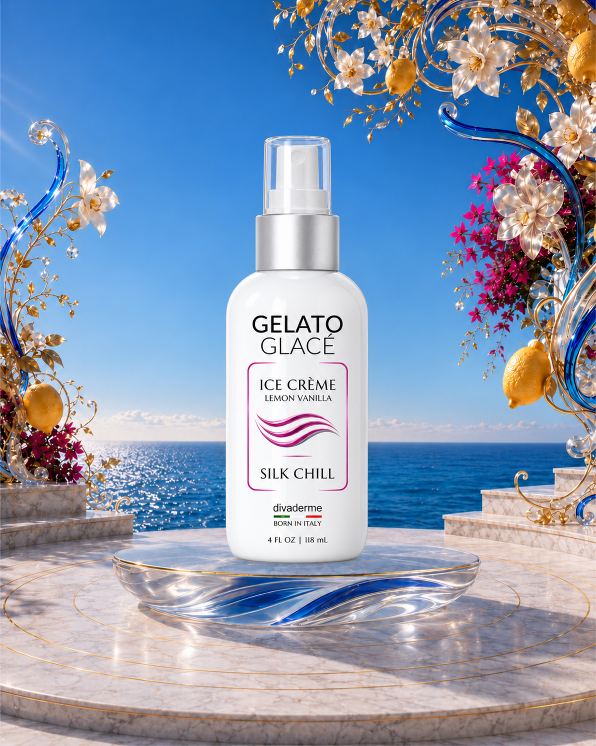 Rose-label Gelato Glacé Silk Chill mist with a silver collar on an ocean terrace.