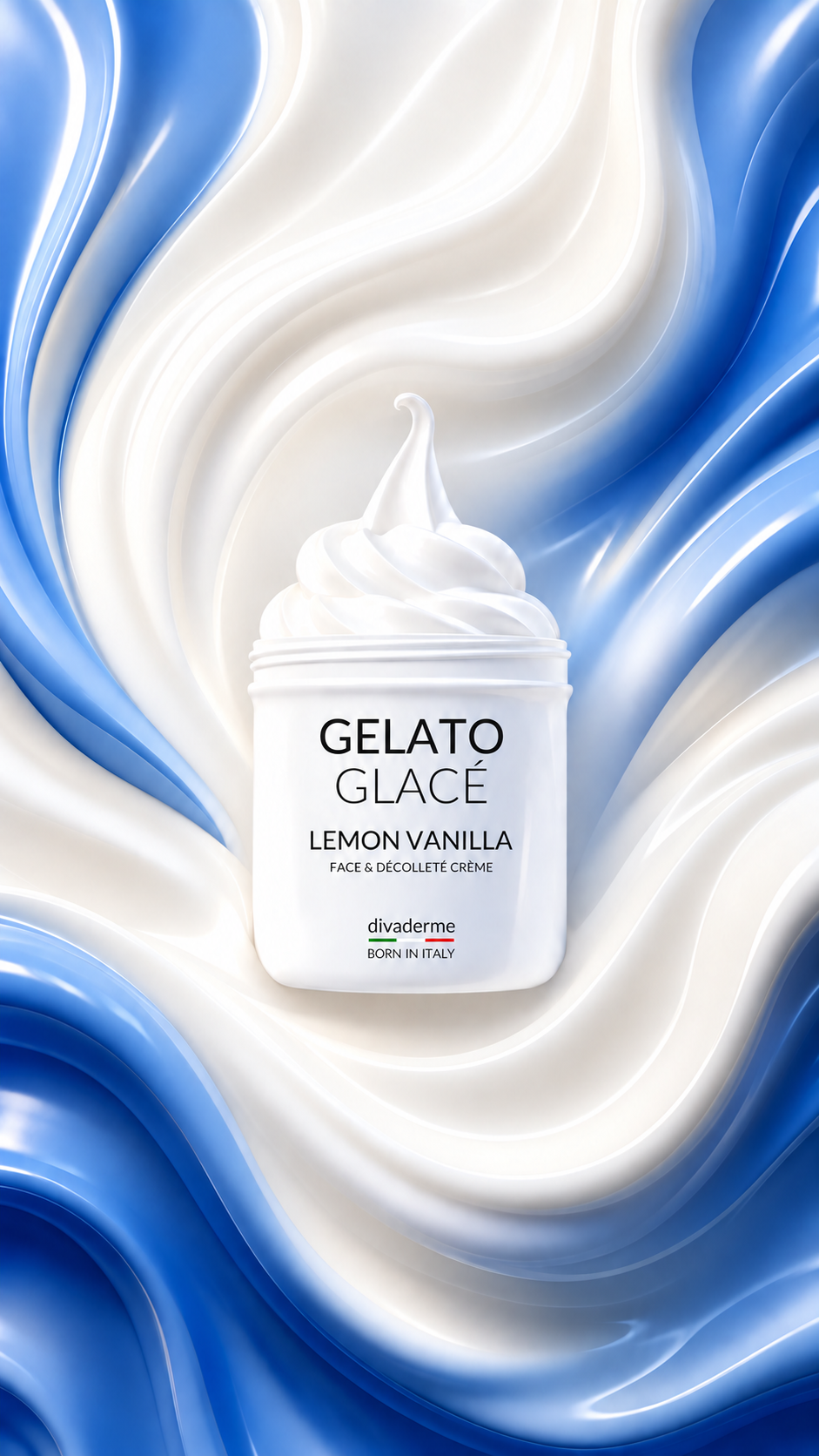 Gelato Glacé Lemon Vanilla surrounded by luminous white cream and sapphire-blue sculptural ribbons