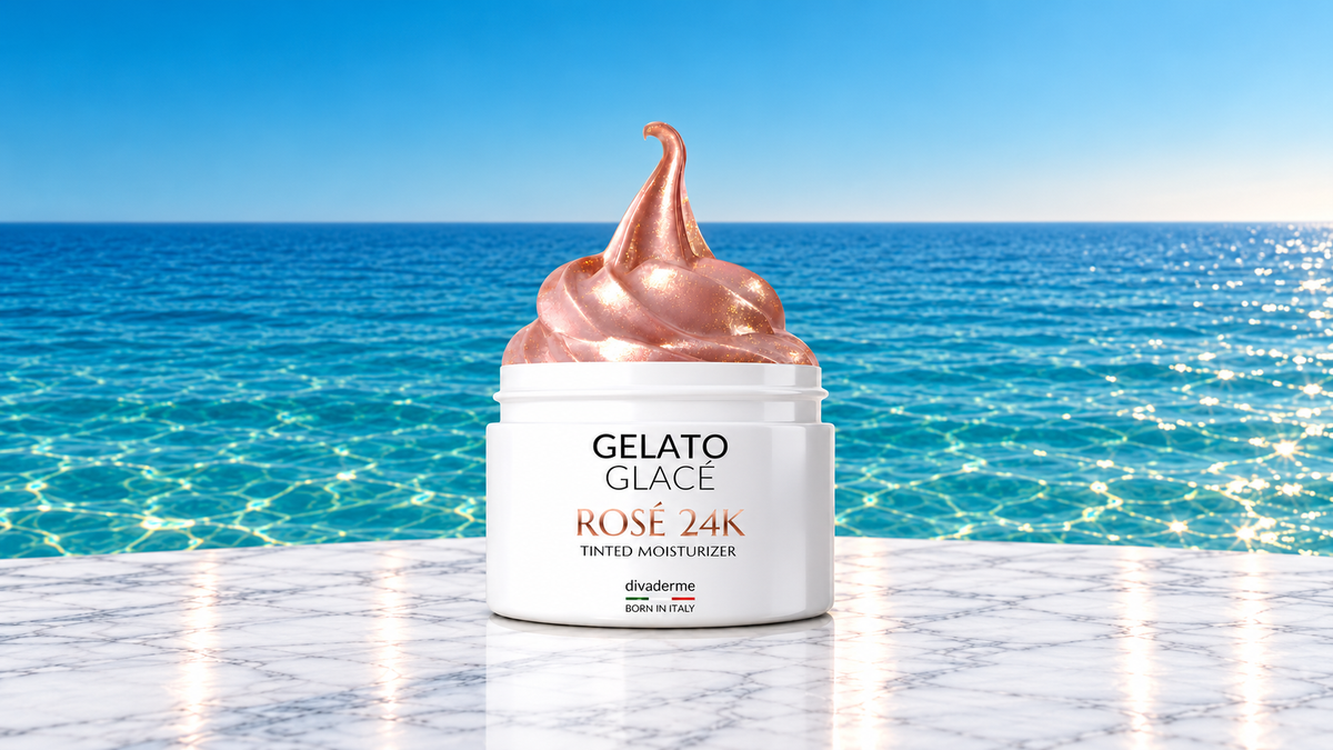 Gelato Glacé Rosé 24K on white Carrara marble overlooking the Mediterranean