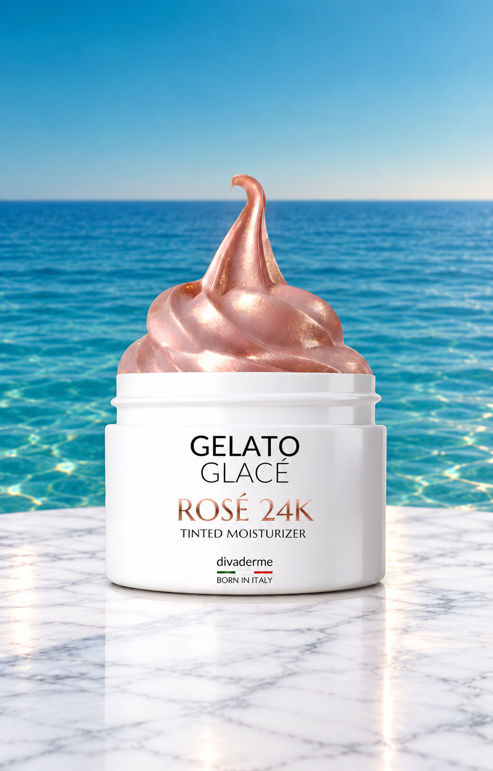 Gelato Glacé Rosé 24K on white Carrara marble overlooking the Mediterranean
