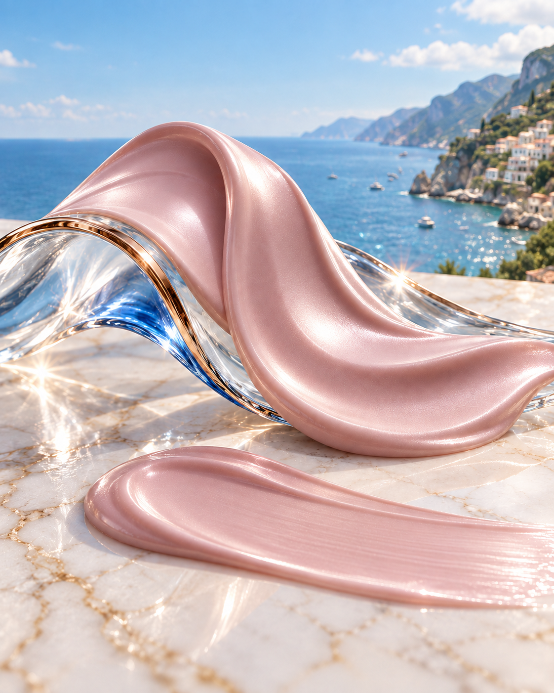 A smooth ribbon of rose-gold tinted cream on ivory marble and clear sculptural glass.